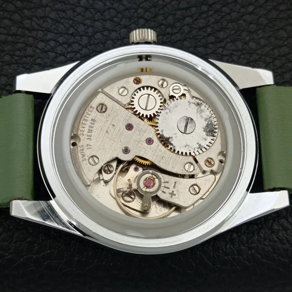 Vintage 1980 Roamer Manual Mens Silver Watch W/Leather Strap & Green accents
